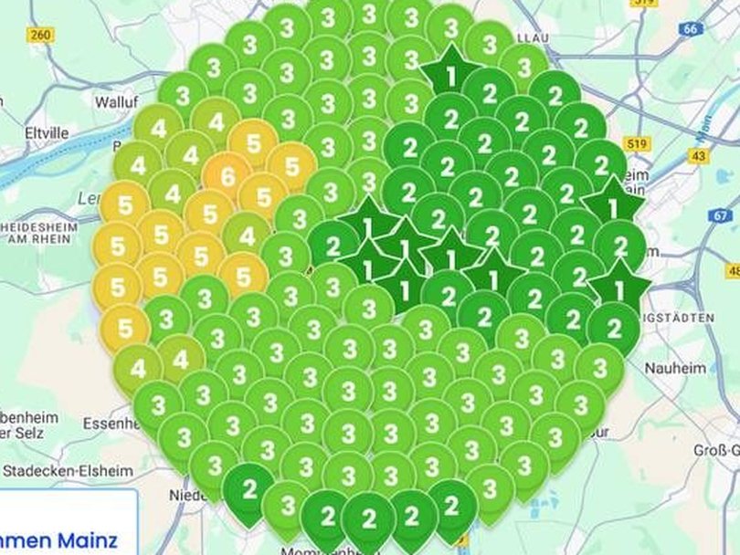 Ranking-Karte Mainz: durchschnittlich Platz 2,89 bei der Suche „umzugsservice mainz“
