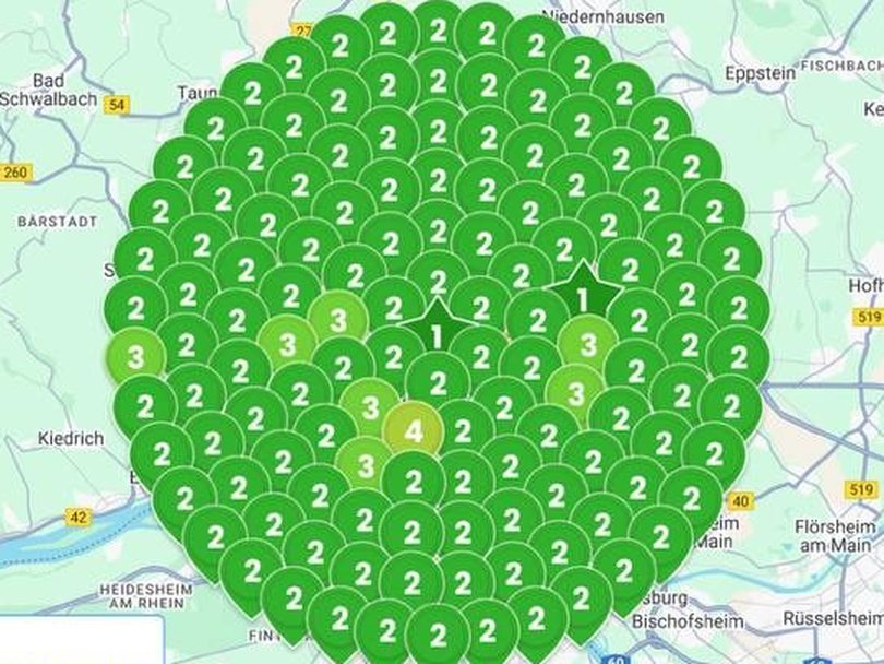 Ranking-Karte Wiesbaden: durchschnittlich Platz 2,05 bei der Suche „wiesbaden umzugsunternehmen“